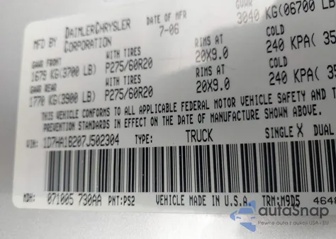 2007 Dodge Ram 1500 Slt from USA, damaged, VIN 1D7HA18207J502304